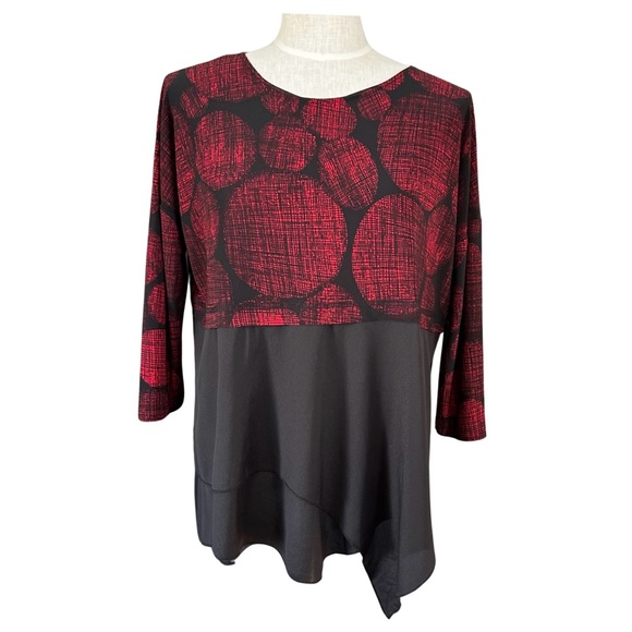 Sun‎ Kim Tunic Sz S Oversized Boxy Red Black Abstract Print Stretch Asymmetrical - Picture 1 of 9